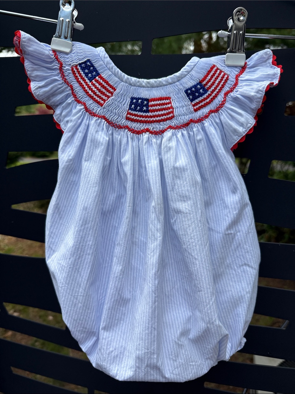 Cecil and Lou Girls Flag Smocked blue & white striped One-Piece bubble 9M